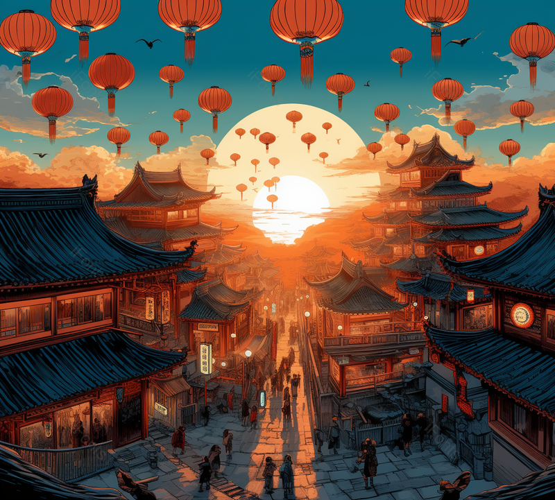 灯笼高挂国风古代繁华建筑傍晚祥云壮观新中式插画,插画/手绘图,插画/手绘图库,插画/手绘图下载,插画/手绘